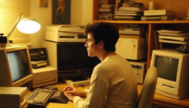 A person working at a desk of old computers under a lamp