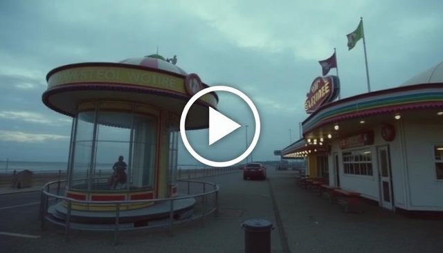 An empty seaside arcade at dusk