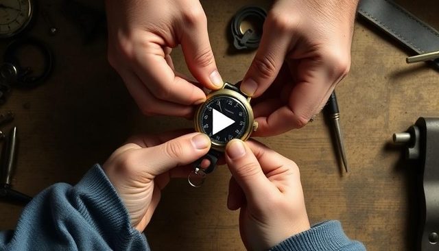 Hands repairing a vintage watch on a workbench