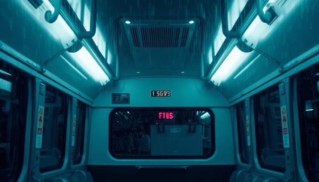 The interior of an empty night bus in the rain