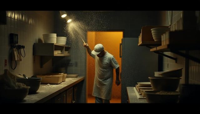 A baker throwing flour in a dim kitchen at night